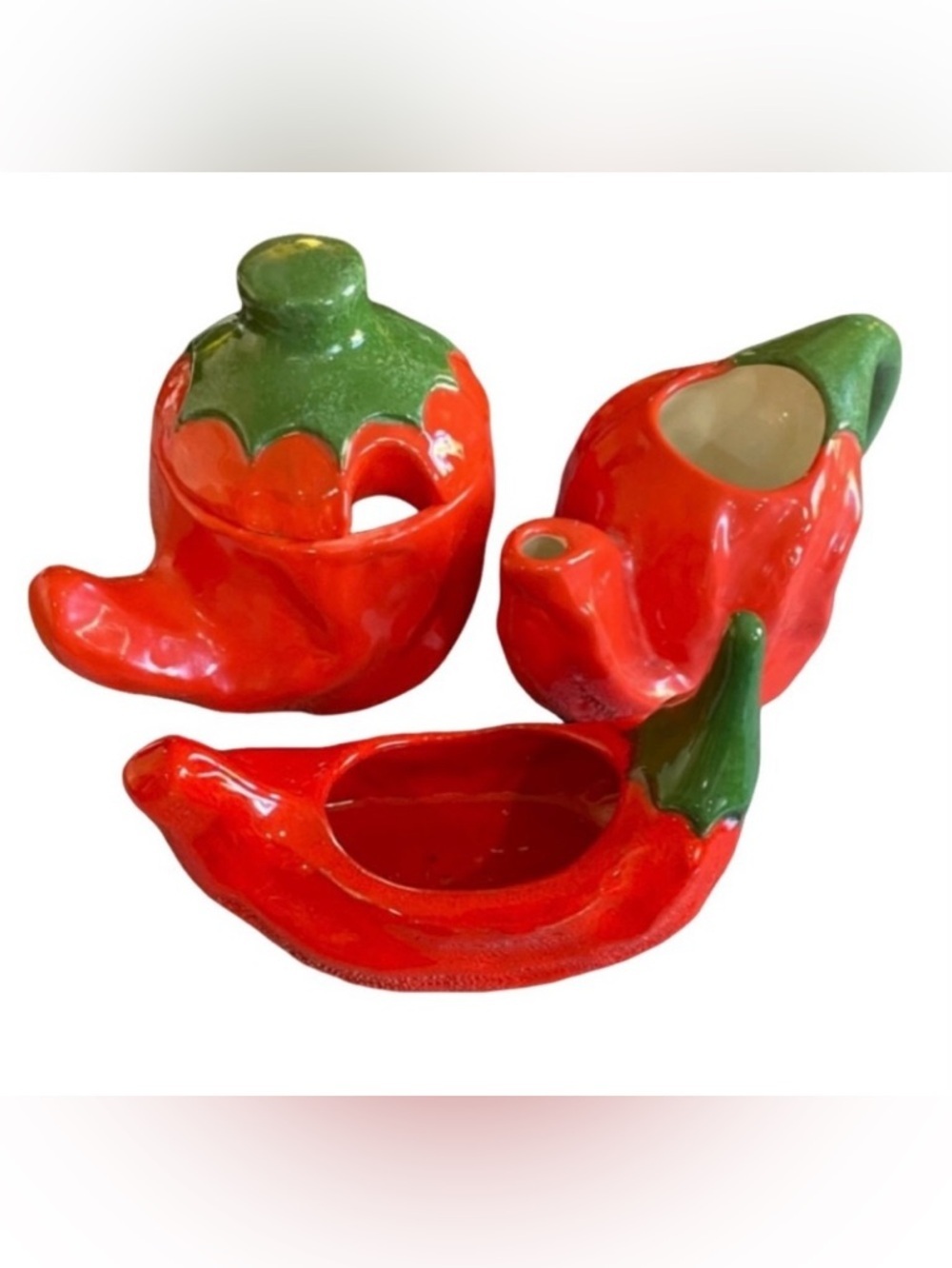 Hand painted Chili Pepper Ceramic teapot Set. (3) Piece.